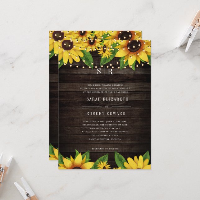 Sunflower Rustic Wood String Rehearsal Dinner Invitation (Front/Back In Situ)