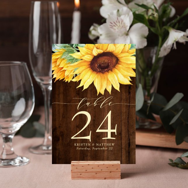 Sunflower Rustic Wood Watercolor Wedding Table Number (Rustic wood sunflower watercolor design table number card is perfect for your wedding reception.)