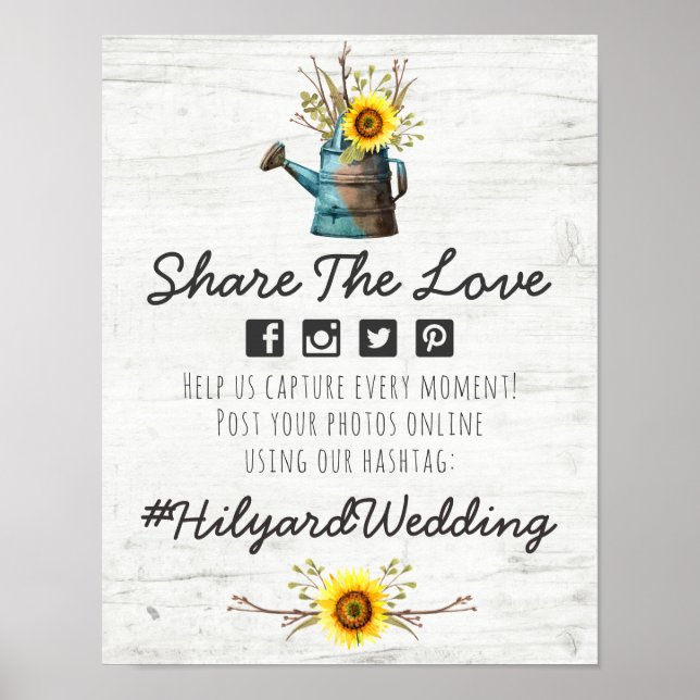 Sunflower & Rustic Wood Wedding Hashtag Photo Sign (Front)