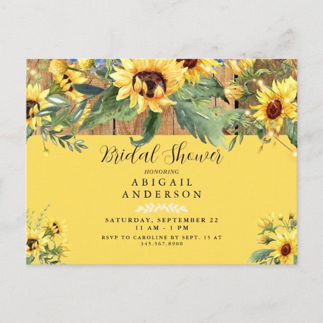 Sunflower Rustic Yellow Bridal Shower Invitation Postcard (Front)