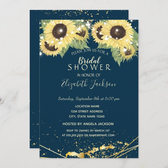 Sunflower,s, String Lights, Gold  Bridal Shower Invitation (Front/Back)