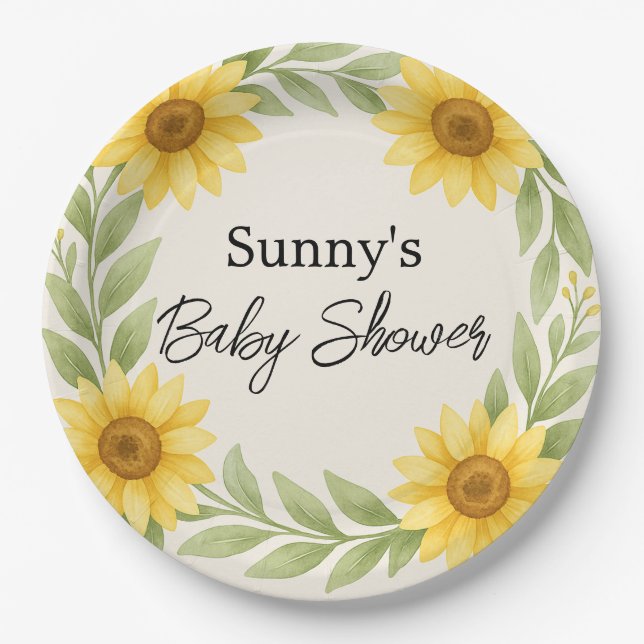 Sunflower & Sage Baby Shower Paper Plate (Front)