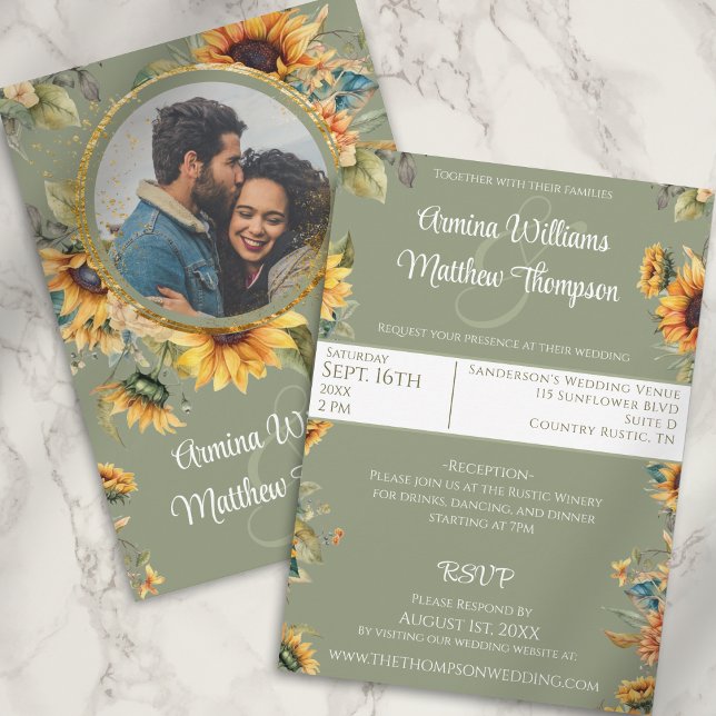 Sunflower Sage Green Photo Wedding With RSVP Invitation (Creator Uploaded)