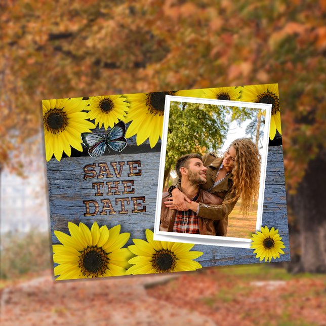 Sunflower Save The Date Wedding | Classic Blue Announcement Postcard (Creator Uploaded)