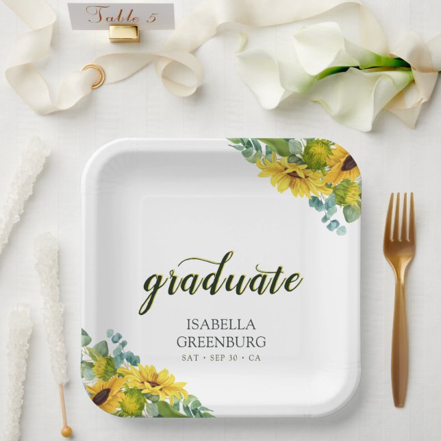 Sunflower Script Graduation Party Paper Plate (Wedding)