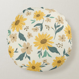 Sunflower seamless pattern. Yellow daisy on off wh Round Cushion
