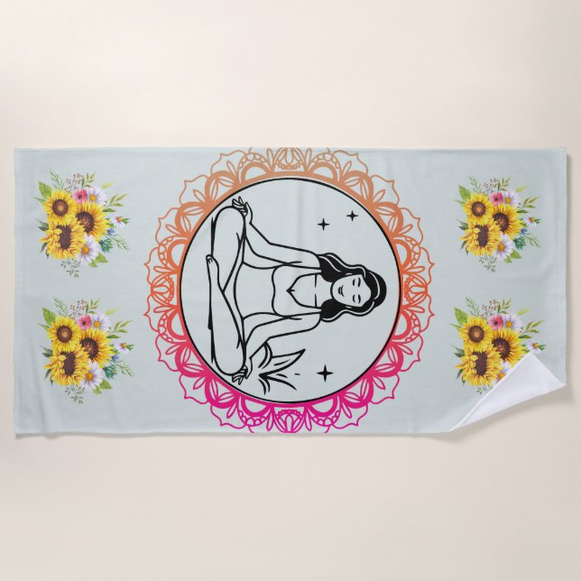 Sunflower Serenity: Meditation Mandala Beach Towel (Front)