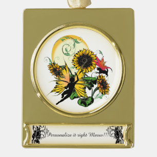 Sunflower Shadow Fairy and Cosmic Cat Gold Plated Banner Ornament