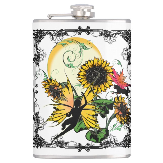 Sunflower Shadow Fairy and Cosmic Cat Hip Flask (Front)