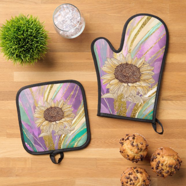 Sunflower Shimmer Oven Mitt and Pot Holders Set (Top Down)