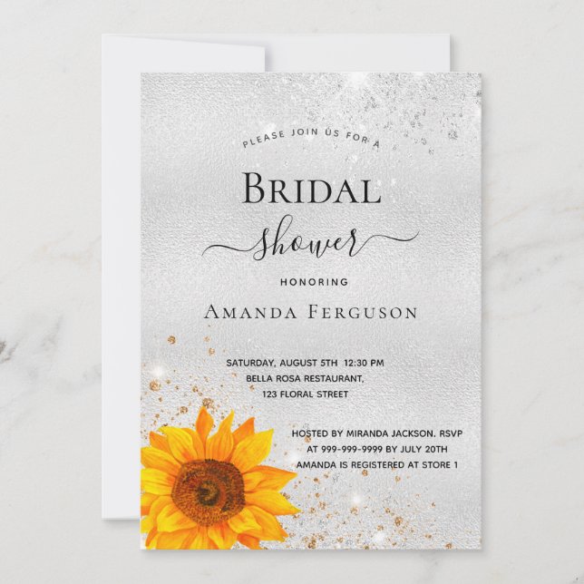 Sunflower silver glitter bridal shower invitation (Front)