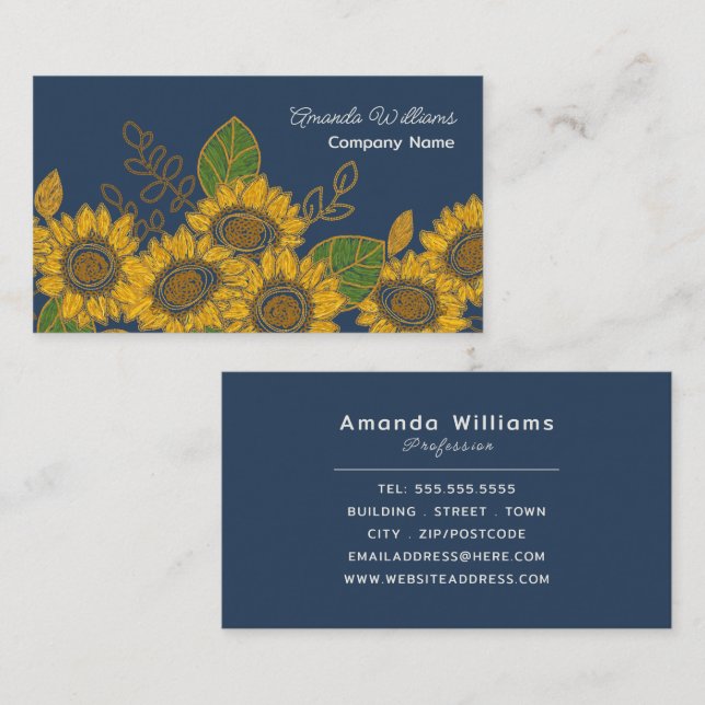 Sunflower Sketch Design, Floral Business Card (Front/Back)