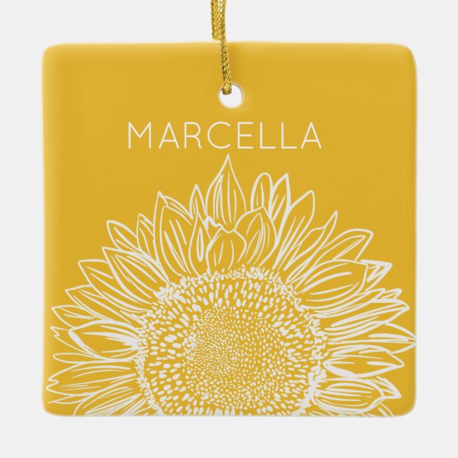Sunflower Sketch Modern Custom Name Ceramic Ornament (Front)