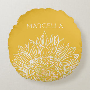 Sunflower Sketch Modern Custom Name Round Cushion