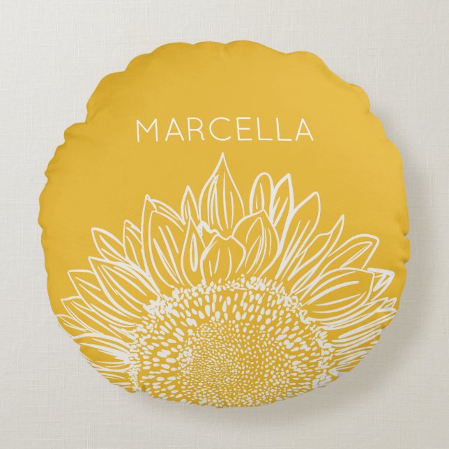 Sunflower Sketch Modern Custom Name Round Cushion (Front)