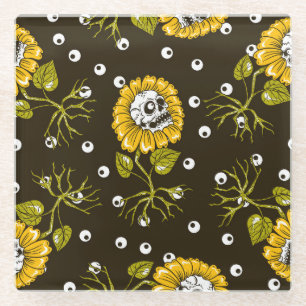 Sunflower Skulls: Unique Seamless Pattern. Glass Coaster