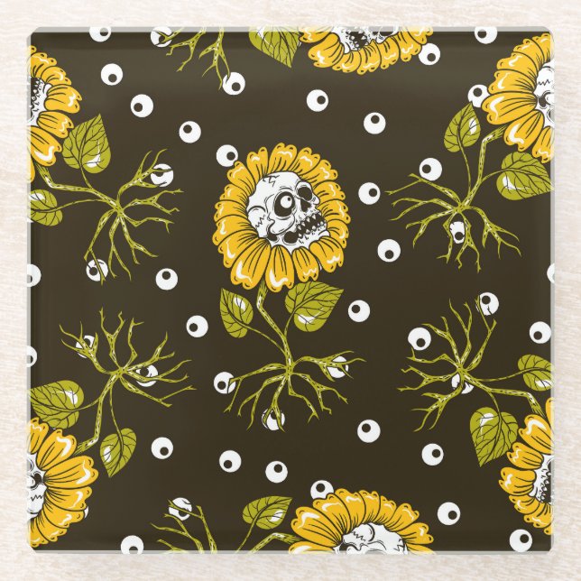 Sunflower Skulls: Unique Seamless Pattern. Glass Coaster (Front)