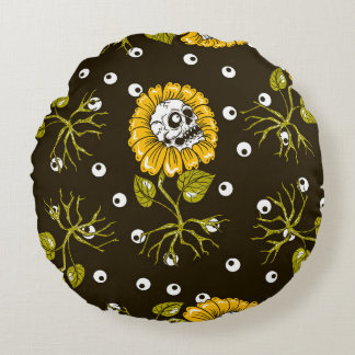 Sunflower Skulls: Unique Seamless Pattern. Round Cushion