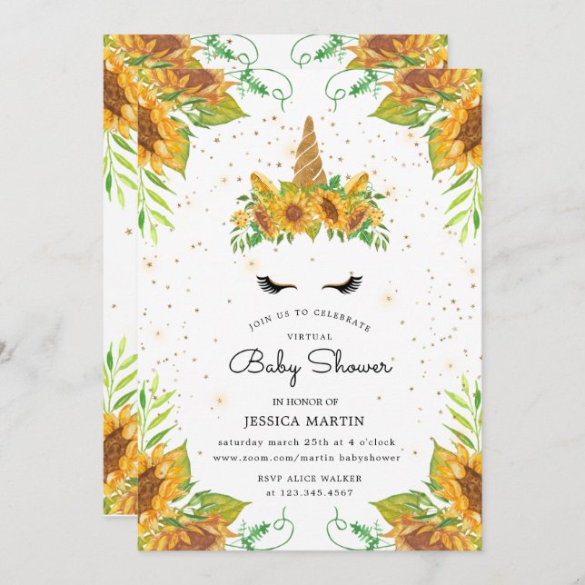sunflower sleepy unicorn virtual baby shower invitation (Front/Back)