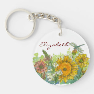 Sunflower Snapdragon Dragonfly Custom Name Key Ring