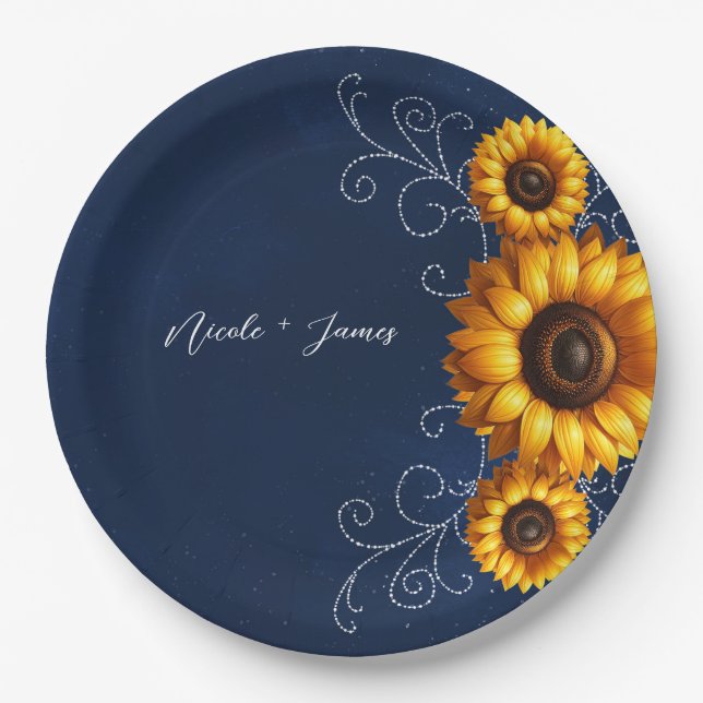 Sunflower Sparkle Blue Rustic Glam Bridal Shower Paper Plate (Front)