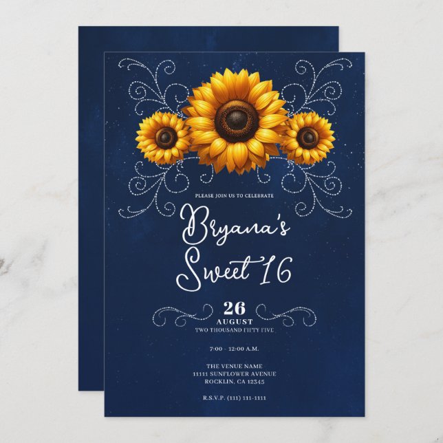 Sunflower Sparkle Blue Rustic Glam Sweet 16  Invitation (Front/Back)