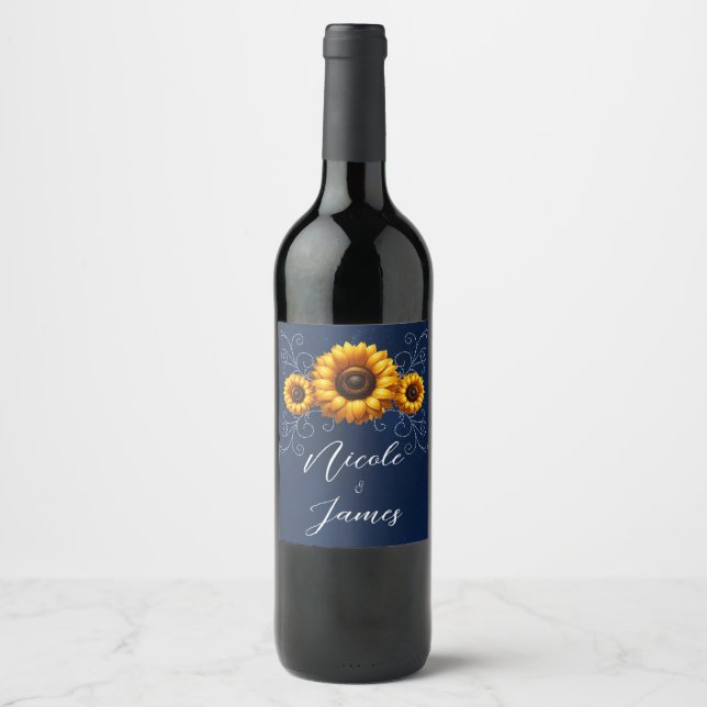 Sunflower Sparkle Blue Rustic Glam Wedding  Wine Label (Front)