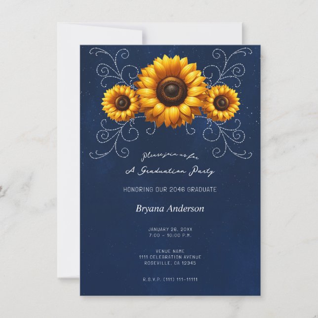 Sunflower Sparkle Blue Rustic Graduation Party Invitation (Front)
