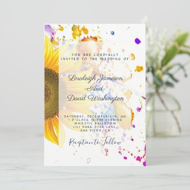 Sunflower splatter wedding invitation (Standing Front)