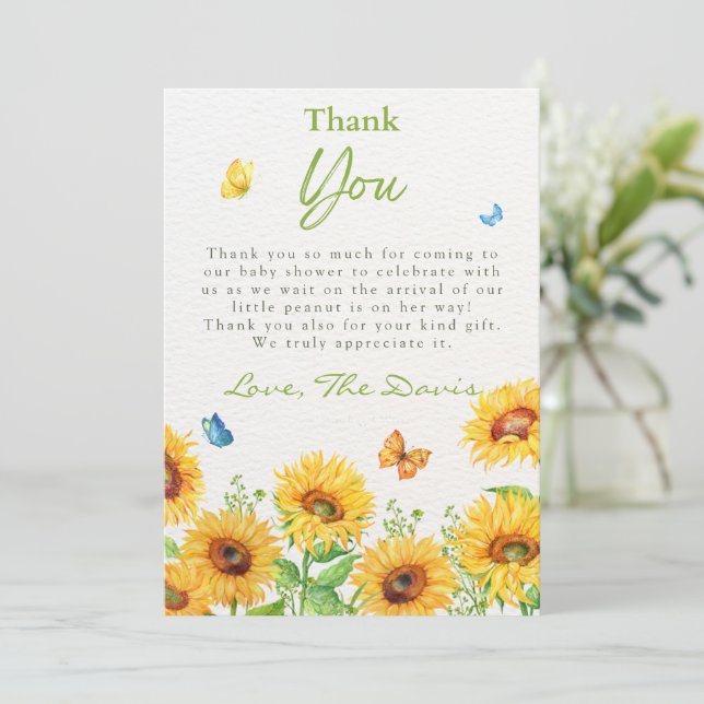 Sunflower Spring Floral Baby Shower Thank You Card (Standing Front)