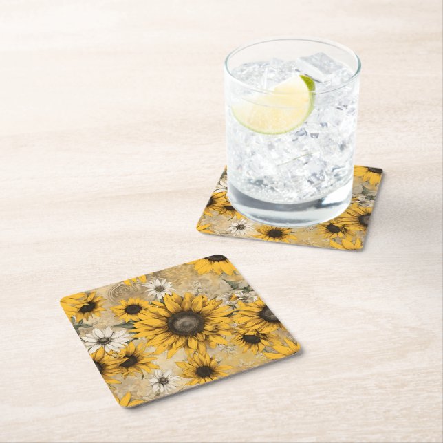 Sunflower Square Paper Coaster (Insitu)
