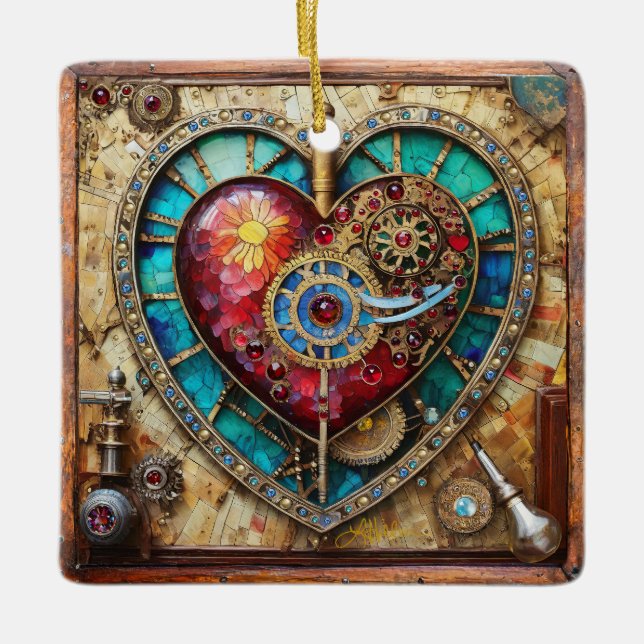 Sunflower Stained Glass Heart Steampunk Series Ceramic Ornament (Front)