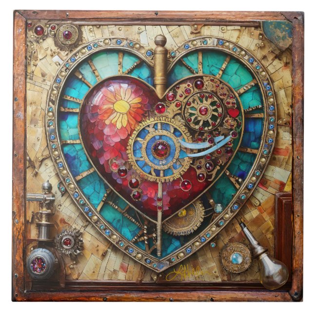 Sunflower Stained Glass Heart Steampunk Series Ceramic Tile (Front)
