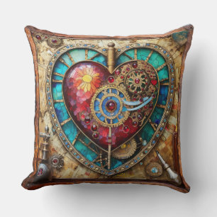 Sunflower Stained Glass Heart Steampunk Series Cushion
