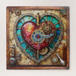 Sunflower Stained Glass Heart Steampunk Series Jigsaw Puzzle