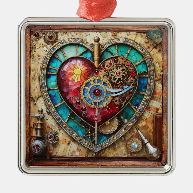 Sunflower Stained Glass Heart Steampunk Series Metal Ornament (Front)