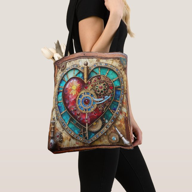 Sunflower Stained Glass Heart Steampunk Series Tote Bag (Close Up)