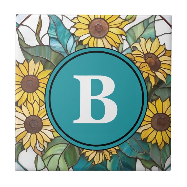 Sunflower Stained Glass Monogram Sunflowers Ceramic Tile (Front)