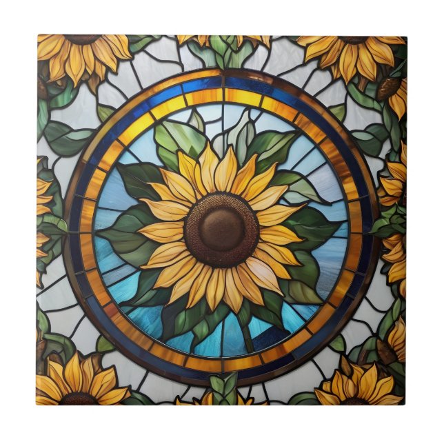 Sunflower Stained Glass Sun Flower Ceramic Tile (Front)