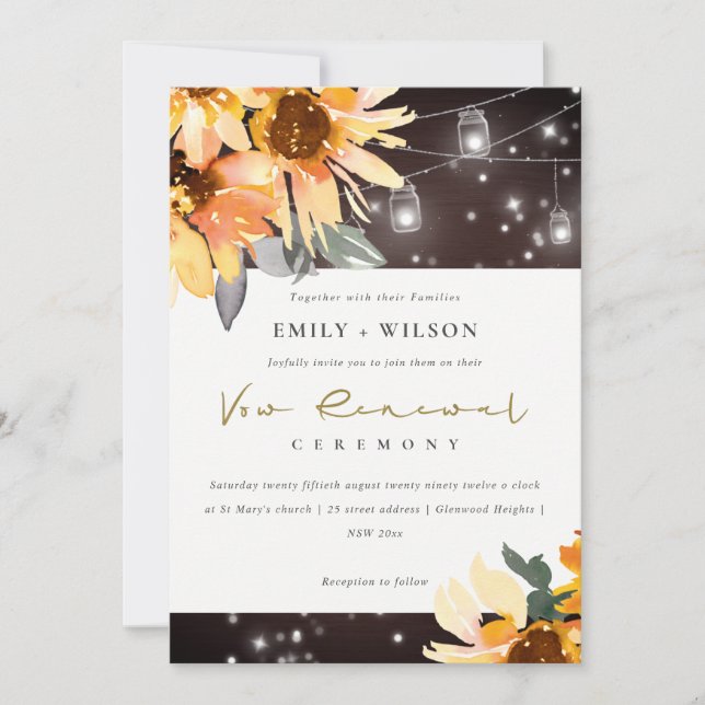SUNFLOWER STARRY MASON JAR WOOD VOW RENEWAL INVITE (Front)