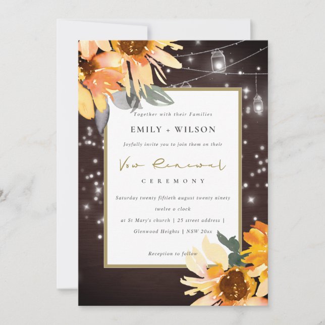 SUNFLOWER STARRY MASON JAR WOOD VOW RENEWAL INVITE (Front)