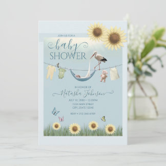 Sunflower Stork Baby Boy Shower Invitation