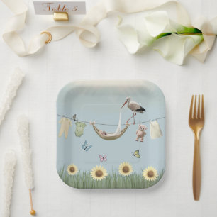 Sunflower Stork Neutral Square Paper Plate