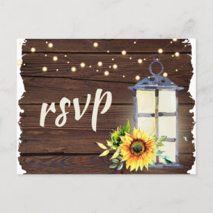 Sunflower String Light Lantern Rustic Wood RSVP Invitation Postcard