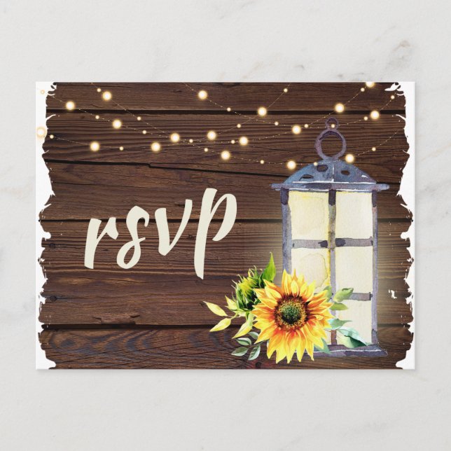 Sunflower String Light Lantern Rustic Wood RSVP Invitation Postcard (Front)