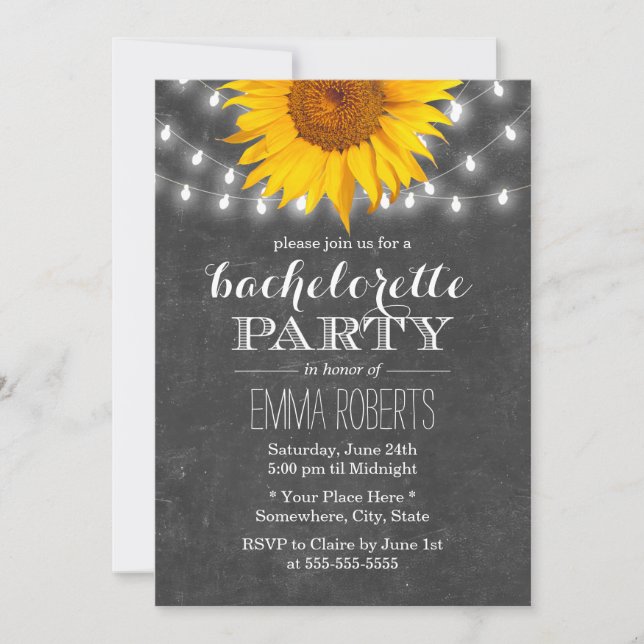 Sunflower & String Lights Bachelorette Party Invitation (Front)