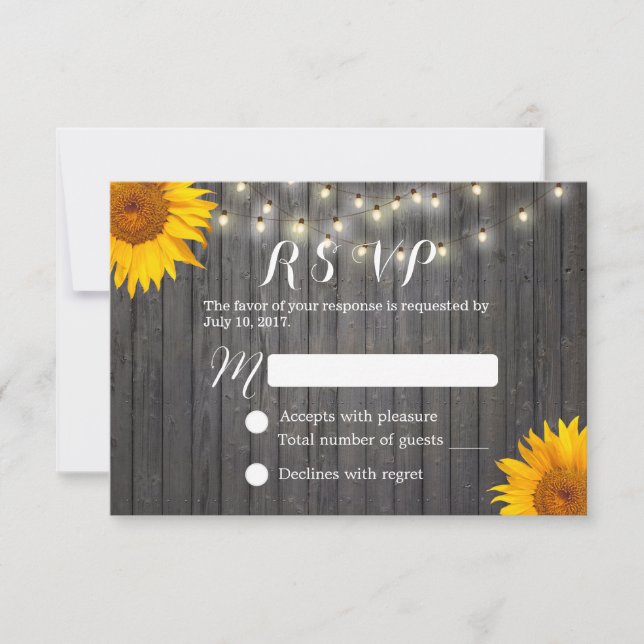 Sunflower & String Lights Barn Wood Wedding RSVP Card (Front)