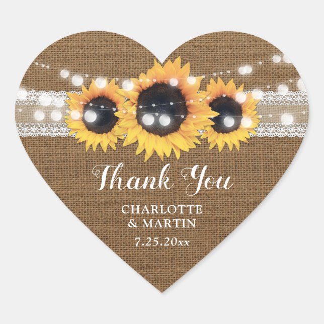 Sunflower String Lights Burlap Lace Wedding Heart Sticker (Front)