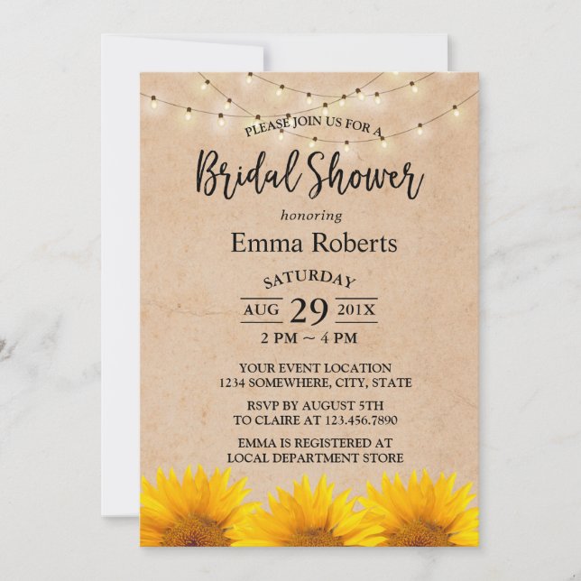 Sunflower & String Lights Kraft Bridal Shower Invitation (Front)