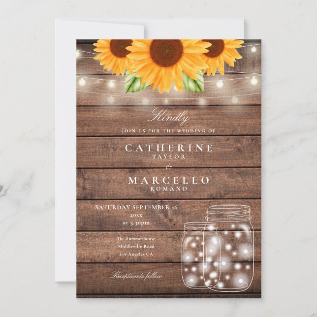Sunflower String Lights Mason Jar Rustic Wedding Invitation (Front)